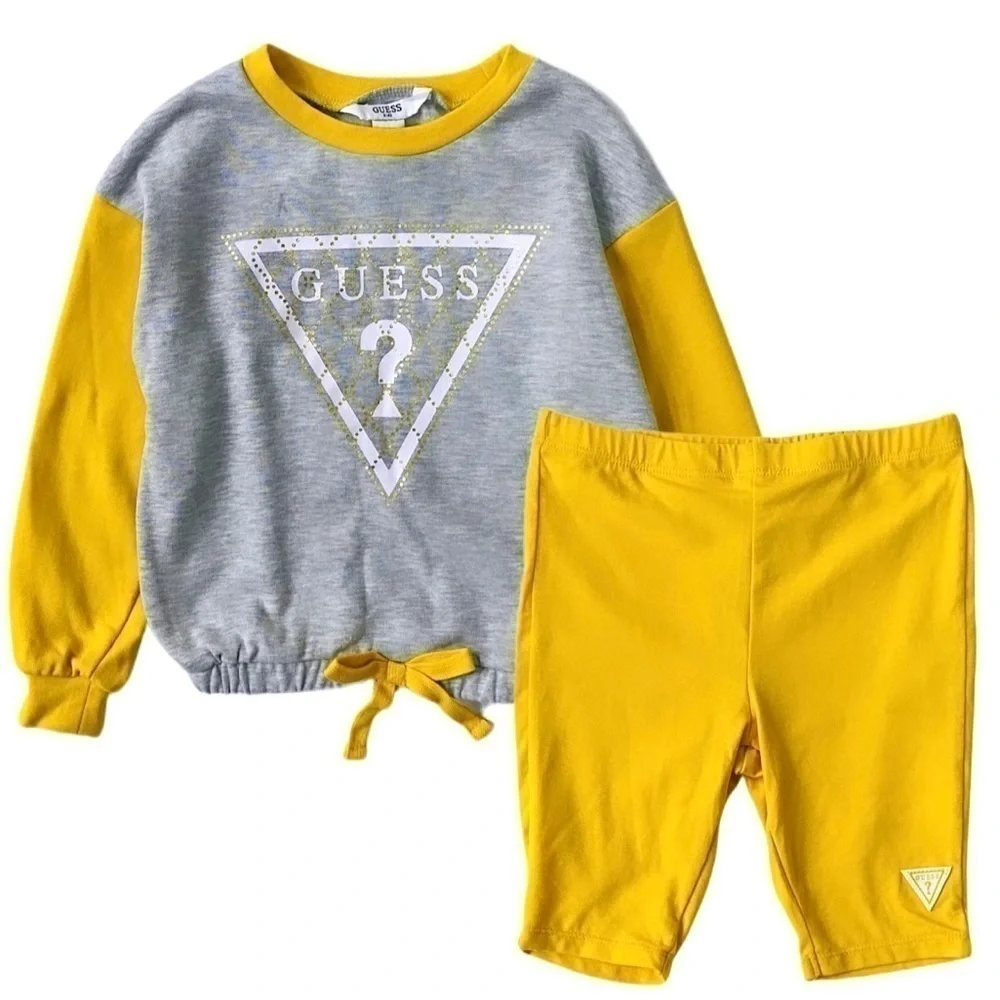 Guess Toddler Girl 2-Piece Grey &Yellow Drawstring Sweatshirt & Bike Shorts Set